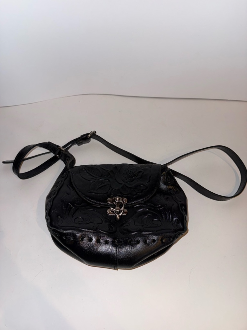Patricia Nash Black Floral Embossed Leather Crossbody Bag
